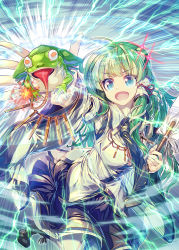 Rule 34 | 1girl, ahoge, blue eyes, blue skirt, breasts, detached sleeves, electricity, frog, frog hair ornament, gohei, green hair, hair ornament, holding, kochiya sanae, long hair, long tongue, medium breasts, necktie, oonusa, open mouth, outstretched arm, shoelaces, shoes, skirt, smile, snake hair ornament, solo, tongue, tongue out, touhou, zounose