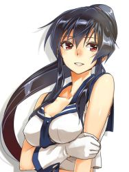 Rule 34 | 10s, 1girl, abo (hechouchou), black hair, blush, breasts, cleavage, collarbone, crossed arms, covered erect nipples, gloves, kantai collection, long hair, looking at viewer, parted lips, ponytail, red eyes, sailor collar, school uniform, serafuku, shirt, silhouette, sleeveless, sleeveless shirt, smile, solo, upper body, white background, white gloves, yahagi (kancolle)