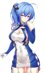 Rule 34 | 1girl, ahoge, asya, azur lane, bare shoulders, blue hair, blush, breasts, cleavage, closed mouth, clothing cutout, contrapposto, covered navel, cowboy shot, dress, elbow gloves, garter straps, gloves, hair between eyes, hair ornament, hand on own chest, highres, hip vent, large breasts, long hair, looking at viewer, no bra, purple eyes, revealing clothes, ribbon, short dress, side-tie dress, sideboob, sidelocks, simple background, smile, solo, st. louis (azur lane), standing, taut clothes, taut dress, thighhighs, underboob cutout, white background, white gloves, white thighhighs