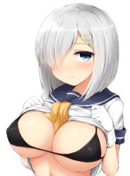 Rule 34 | 10s, 1girl, black bra, blue eyes, bra, breast suppress, breasts, closed mouth, clothes lift, covered erect nipples, don (29219), embarrassed, gloves, hair ornament, hair over one eye, hairclip, hamakaze (kancolle), kantai collection, large breasts, looking at viewer, neckerchief, one eye covered, school uniform, serafuku, shirt lift, short hair, short sleeves, silver hair, simple background, solo, underwear, upper body, white background, white gloves, yellow neckerchief