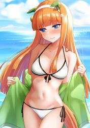 Rule 34 | 1girl, absurdres, alternate breast size, animal ears, arugou, bikini, blue eyes, blunt bangs, blush, breasts, closed mouth, cloud, collarbone, commentary request, embarrassed, hair ornament, headband, highres, horse ears, horse girl, horse tail, jacket, looking to the side, ocean, orange hair, silence suzuka (umamusume), sky, small breasts, solo, swimsuit, tail, umamusume