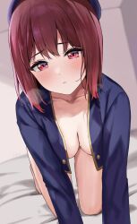 Rule 34 | 1girl, all fours, arima kana, bed sheet, beret, blue hat, blue jacket, blush, bottomless, breasts, breath, cleavage, collarbone, commentary, hat, highres, jacket, kaetzchen, looking at viewer, medium breasts, on bed, oshi no ko, red eyes, red hair, romaji commentary, school uniform, solo, sweatdrop, youtou high school uniform