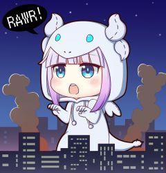 Rule 34 | 1girl, animal costume, blue eyes, blunt bangs, building, chibi, child, cityscape, claw pose, commentary, dragon costume, drawstring, giant, giantess, gradient hair, hood, hood up, horns, kanna kamui, kanna kamui (dragon) (maidragon), kobayashi-san chi no maidragon, light purple hair, looking away, multicolored hair, night, open mouth, outdoors, purple hair, round teeth, sidelocks, smoke, solo, speech bubble, tail, teeth, upper teeth only, vermeith