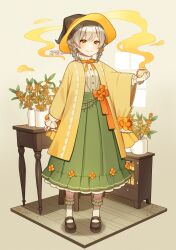 Rule 34 | 1girl, aona (noraneko), blonde hair, braid, branch, brown footwear, brown hat, drawer, dress shirt, faux figurine, flower, full body, green skirt, hair flower, hair ornament, haori, hat, highres, holding, holding jar, jacket, japanese clothes, jar, looking at viewer, mary janes, medium hair, neck ribbon, orange eyes, orange flower, orange ribbon, original, osmanthus, personification, petals, ribbon, shelf, shirt, shoes, simple background, skirt, smile, smoke, socks, solo, standing, table, twin braids, vase, white shirt, white socks, window, witch, witch hat, wooden floor, yellow background, yellow jacket