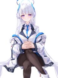 Rule 34 | 1girl, absurdres, ass, blazer, blue archive, blue necktie, blunt bangs, coat, collared shirt, commentary request, crossed legs, halo, headgear, highres, interlocked fingers, jacket, long hair, long sleeves, looking at viewer, necktie, noa (blue archive), open clothes, open coat, own hands together, pantyhose, pleated skirt, purple eyes, school uniform, shirt, sidelocks, simple background, sitting, skirt, smile, solo, sstthei, two-sided coat, two-sided fabric, white background, white coat, white shirt
