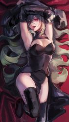 Rule 34 | 1girl, black dress, black footwear, black gloves, boots, breasts, cleavage, cleavage cutout, clothing cutout, covered navel, dress, elbow gloves, garan co, gloves, green hair, hair between eyes, highres, large breasts, long hair, lying, on back, original, red eyes, solo, thigh boots, thighhighs, tongue, tongue out, very long hair