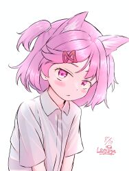 Rule 34 | 1girl, absurdres, animal ears, artist name, blush, blush stickers, bob cut, cat ears, cat girl, collared shirt, commentary, dated, doki doki literature club, dress shirt, flat chest, from side, hair ornament, hair ribbon, hair tie, highres, kemonomimi mode, leaning forward, leguma, looking at viewer, looking to the side, lvxsiguma, natsuki (doki doki literature club), parted lips, pink eyes, pink hair, red ribbon, ribbon, ringed eyes, shirt, short hair, short sleeves, signature, simple background, solo, two side up, upper body, upturned eyes, v arms, white background, white shirt, x hair ornament