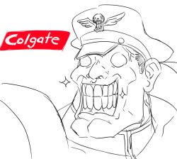 Rule 34 | 1boy, cleft lip, colgate, grin, hat, m. bison, male focus, matsu-sensei, no pupils, peaked cap, product placement, simple background, sketch, skull, smile, solo, sparkle, street fighter, teeth, upper body, white background, wings