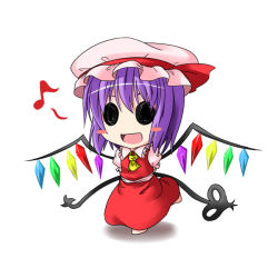 Rule 34 | 1girl, arms behind back, ascot, blush stickers, chibi, cosplay, female focus, flandre scarlet, flandre scarlet (cosplay), hat, ichimi, laevatein, musical note, nagae iku, open mouth, purple hair, short hair, solo, embodiment of scarlet devil, touhou, white background, wings