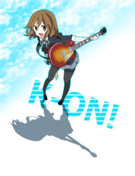 Rule 34 | 00s, 1girl, bad id, bad pixiv id, brown eyes, brown hair, female focus, foreshortening, guitar, hair ornament, hairclip, hirasawa yui, instrument, k-on!, laughing, leaning forward, gibson les paul, miniskirt, open mouth, pantyhose, pleated skirt, rui (t kimi), school uniform, shadow, short hair, skirt, sky, smile, solo, standing