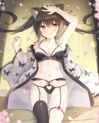 Rule 34 | 1girl, animal ears, arm up, armpits, bare arms, bare shoulders, black bra, black hair, black panties, black thighhighs, bra, breasts, cat ears, cherry blossoms, collarbone, frilled bra, frilled panties, frills, garter straps, gluteal fold, highres, japanese clothes, kimono, lingerie, long hair, looking at viewer, lying, medium breasts, nail polish, navel, off shoulder, on back, open clothes, open kimono, original, panties, parted lips, petals, print kimono, red eyes, saeki sora, single thighhigh, solo, stomach, string bra, string panties, tatami, thick thighs, thighhighs, thighs, underwear, white kimono, wide sleeves