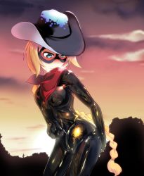 Rule 34 | 1girl, blonde hair, blue eyes, blush, bodysuit, braid, breasts, cowboy hat, cowboy shot, crotch zipper, domino mask, hat, highres, latex, latex bodysuit, latex suit, long hair, looking down, mask, original, reflection, ryuu tou, scarf, shiny clothes, small breasts, solo, sunset, zipper