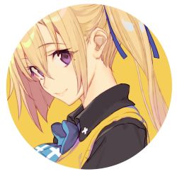 Rule 34 | 1girl, black shirt, blonde hair, blue bow, blue bowtie, bow, bowtie, closed mouth, collared shirt, framed, from side, hair bow, kawakami mai, long hair, looking at viewer, looking to the side, mole, mole under eye, musaigen no phantom world, ponytail, portrait, purple eyes, shirabi, shirt, simple background, smile, solo, vest, wing collar, yellow background, yellow vest