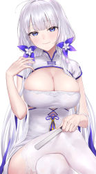 Rule 34 | 1girl, absurdres, azur lane, blue eyes, blue flower, blush, breasts, bursting breasts, china dress, chinese clothes, cleavage, cutout above navel, dress, flower, folded fan, folding fan, garter straps, hair flower, hair ornament, hand fan, highres, holding, holding fan, illustrious (azur lane), illustrious (maiden lily&#039;s radiance) (azur lane), large breasts, light smile, long hair, looking at viewer, mole, mole under eye, monegi, silver hair, sitting, skindentation, smile, solo, thighhighs, very long hair, white background, white dress, white thighhighs