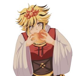 Rule 34 | 1990s (style), 1girl, black hair, blonde hair, burger, food, hair ornament, highres, holding, holding food, long sleeves, multicolored hair, retro artstyle, sash, simple background, solo, step arts, toramaru shou, touhou, two-tone hair, upper body, white background, wide sleeves, yellow eyes