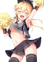 Rule 34 | 10s, 1girl, adapted costume, arm up, armpits, black thighhighs, blonde hair, blush, breasts, cheering, cheerleader, elbow gloves, closed eyes, facing viewer, gloves, hat, highres, igayan, kantai collection, long hair, low twintails, midriff, miniskirt, navel, no bra, open mouth, pom pom (cheerleading), prinz eugen (kancolle), shirt, skirt, sleeveless, sleeveless shirt, smile, solo, stomach, sweat, thighhighs, twintails, underboob, upshorts, wind, wind lift, zettai ryouiki