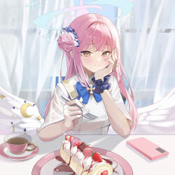 Rule 34 | 1girl, absurdres, angel wings, blue archive, blue bow, blue bowtie, bow, bowtie, brown eyes, cake, cellphone, closed mouth, commentary request, crescent, cup, curtains, dress, feathered wings, food, fork, fruit, hair bun, halo, head rest, highres, holding, holding fork, incoming food, indoors, long hair, looking at viewer, low wings, mika (blue archive), phone, pink hair, scrunchie, single hair bun, single side bun, smartphone, smile, solo, strawberry, teacup, upper body, white dress, white wings, window, wings, winterflower, wrist scrunchie