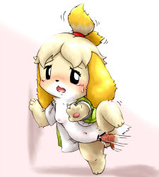 Rule 34 | 1girl, against wall, animal crossing, animal ears, animal hands, arm up, bar censor, bell, black sclera, blonde hair, blush, bottomless, breasts, censored, colored sclera, disembodied penis, dog ears, dog tail, erection, feet, full body, furry, furry female, furuya muku, green vest, hair bell, hair ornament, hair tie, hand up, hetero, isabelle (animal crossing), jingle bell, leg lift, looking to the side, motion lines, navel, nintendo, nipples, open clothes, open mouth, open shirt, outstretched arm, penis, sex, shirt, short hair, short sleeves, simple background, small breasts, solo, standing, standing on one leg, sweat, sweatdrop, tail, tears, vaginal, vest, white eyes, white shirt