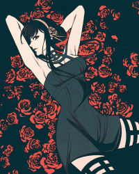 Rule 34 | 1girl, armpits, black background, black dress, black hair, breasts, cleavage, dress, flower, high contrast, looking to the side, lying, moshimoshibe, on back, open mouth, red eyes, rose, solo, spy x family, thighhighs, thighs, yor briar