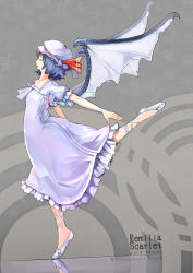 Rule 34 | 1girl, ankle ribbon, arched back, bad id, bad pixiv id, bat wings, blue hair, character name, closed eyes, copyright name, female focus, from side, full body, grey background, hat, highres, leg ribbon, legs apart, mob cap, remilia scarlet, ribbon, short hair, solo, standing, standing on one leg, tetsu (fatqueen), touhou, white hat, wings