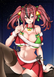 Rule 34 | 1girl, :p, absurdres, alternate costume, arm support, azur lane, bare shoulders, bell, bikini, black bikini, black hair, blush, border, breasts, bremerton (azur lane), brown thighhighs, christmas, cleavage, closed mouth, collarbone, commentary, crop top, crop top overhang, green bikini, green ribbon, hair bell, hair between eyes, hair intakes, hair ornament, hair ribbon, highres, index finger raised, jingle bell, knee up, large breasts, long hair, looking at viewer, mismatched bikini, multicolored hair, navel, no mole, off-shoulder shirt, off shoulder, okine (okine691), pink eyes, pink hair, pleated skirt, red ribbon, red shirt, red skirt, ribbon, santa bikini, shirt, short sleeves, side-tie bikini bottom, sidelocks, sitting, skirt, smile, solo, star (symbol), starry background, stomach, streaked hair, swimsuit, thighhighs, tongue, tongue out, twintails, two-tone hair, wrist cuffs, zettai ryouiki