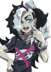 Rule 34 | 1boy, alternate costume, bad id, bad pixiv id, black hair, black shirt, bracelet, commentary request, creatures (company), eyeshadow, game freak, green eyes, gym leader, hair over one eye, hand on own hip, hand up, highres, jewelry, komame (st beans), long hair, makeup, male focus, multicolored hair, nintendo, open mouth, piers (pokemon), pokemon, pokemon swsh, shirt, short sleeves, solo, teeth, tongue, two-tone hair, upper teeth only, white hair