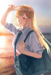 Rule 34 | 1girl, absurdres, anteiru, arm up, bag, blonde hair, blue bag, blue necktie, blurry, blurry background, blush, ear piercing, earrings, eyelashes, film grain, fingernails, highres, jewelry, kitagawa marin, long fingernails, looking at viewer, nail polish, necktie, ocean, outdoors, parted lips, piercing, pink eyes, pink nails, school bag, school uniform, sleeves rolled up, solo, sono bisque doll wa koi wo suru, v, very long fingernails, water