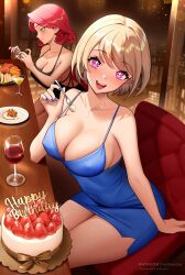 Rule 34 | 2girls, bare shoulders, black dress, blonde hair, blue dress, blue nails, breasts, cake, cellphone, chair, cleavage, closed mouth, collarbone, commentary, dress, english commentary, food, fork, fruit, happy birthday, highres, holding, holding phone, jewelry, large breasts, looking at viewer, multiple girls, nail polish, necklace, open mouth, original, pantheon eve, phone, pink hair, red hair, red nails, short hair, sitting, smartphone, smile, strawberry, strawberry cake, symbol-shaped pupils, vanilla (eden (shiroki yuutsu)), yellow eyes