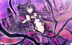 Rule 34 | 10s, 1girl, armor, bare shoulders, bikini armor, black hair, breasts, center opening, city, cleavage, dark persona, date a live, detached collar, elbow gloves, electricity, energy, gem, gloves, hair ribbon, highres, kazenokaze, long hair, navel, parted lips, pauldrons, purple thighhighs, red eyes, ribbon, see-through, shoulder armor, solo, spoilers, thighhighs, thunder, yatogami tooka, yatogami tooka (true form)
