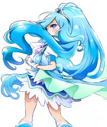 Rule 34 | 1girl, ascot, blue ascot, blue dress, blue eyes, blue footwear, blue hair, blue theme, blue vest, blush, commentary request, cure fontaine, dress, earrings, eyebrows, eyelashes, gloves, hair ornament, healin&#039; good precure, heart, heart hair ornament, highres, jewelry, long hair, looking at viewer, magical girl, pre221b, precure, puffy short sleeves, puffy sleeves, sawaizumi chiyu, short sleeves, simple background, solo, split ponytail, standing, very long hair, vest, white background, white gloves