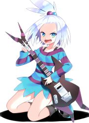 Rule 34 | 1girl, absurdres, black footwear, blonde hair, blue dress, blue eyes, collarbone, creatures (company), dress, full body, game freak, hair bobbles, hair ornament, highres, holding, holding instrument, instrument, kneeling, long sleeves, looking at viewer, nintendo, open mouth, pokemon, pokemon bw2, roxie (pokemon), short dress, simple background, solo, striped clothes, striped dress, v-shaped eyebrows, white background, yuihico