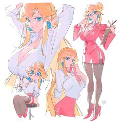 1girl blonde_hair blue_eyes breasts business_suit cleavage earrings formal_clothes high_heels highres jewelry large_breasts long_hair looking_at_viewer mario_(series) necktie nintendo office_lady pencil_skirt pink_footwear princess_peach red-framed_eyewear semi-rimless_eyewear sepo_(mito609) shirt side_slit skirt skirt_suit smile sphere_earrings standing suit thighhighs white_shirt