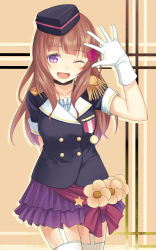 Rule 34 | 10s, 1girl, ;d, arm behind back, bad id, bad pixiv id, brown hair, cccpo, epaulettes, garter straps, gloves, hat, long hair, looking at viewer, love live!, love live! school idol project, one eye closed, open mouth, purple eyes, shocking party, skirt, smile, solo, thighhighs, white gloves, white thighhighs, yuki anju
