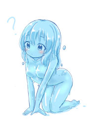 Rule 34 | 1girl, ?, all fours, blue eyes, blush, breasts, curss, female focus, monster girl, nude, original, simple background, slime girl, solo, white background