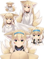 Rule 34 | 1girl, alternate hairstyle, animal ears, arknights, bare shoulders, black collar, black gloves, blonde hair, blue hairband, blush, braid, brushing teeth, collar, drinking, gloves, green eyes, hair between eyes, hair down, hairband, highres, hiruver, holding, holding toothbrush, infection monitor (arknights), long hair, looking at viewer, material growth, multicolored hair, multiple views, oripathy lesion (arknights), pajamas, rubbing eyes, simple background, single glove, single wrist cuff, smile, streaked hair, suzuran (arknights), toothbrush, waking up, white background, white hair, white pajamas, white wrist cuffs, wrist cuffs