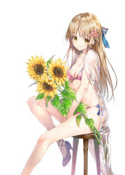 Rule 34 | 1girl, bikini, blonde hair, blue flower, blue footwear, blue rose, breasts, cleavage, closed mouth, commentary request, flower, hair flower, hair ornament, hair ribbon, half updo, high heels, highres, holding, holding flower, leg up, long hair, looking at viewer, medium breasts, miwabe sakura, original, pink bikini, pink flower, ribbon, rose, see-through, side-tie bikini bottom, side-tie bottom, simple background, sitting, smile, solo, stool, sunflower, swimsuit, white background, yellow eyes