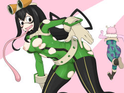 Rule 34 | 2girls, absurdres, asha, ashido mina, ass, asui tsuyu, black eyes, black hair, black thighhighs, bodysuit, boku no hero academia, breasts, colored skin, commentary request, feet out of frame, fur collar, gloves, green bodysuit, highres, large breasts, long hair, long tongue, looking down, medium bangs, medium breasts, multiple girls, nipples, open mouth, pink background, pink hair, pink skin, running, solo focus, thighhighs, tongue, torn bodysuit, torn clothes, two-tone background, white background, white gloves