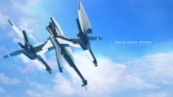 Rule 34 | blue sky, cloud, cloudy sky, day, flying, from behind, highres, huge weapon, no humans, rvr-03 sword breaker, sky, solo, spacecraft, starfighter, tagarimono, thunder force, wallpaper, weapon