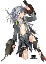 Rule 34 | 1girl, bandana, black socks, braid, coat, fujikawa, full body, grey eyes, hairband, kantai collection, kneeling, long hair, looking at viewer, machinery, no bra, official art, one eye closed, open mouth, pleated skirt, school uniform, shoes, silver hair, simple background, single braid, skirt, socks, solo, suspenders, torn clothes, transparent background, turret, yamagumo (kancolle)