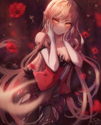 Rule 34 | 1girl, bakemonogatari, bare shoulders, blonde hair, blurry, blurry foreground, breasts, dress, echidnas, elbow gloves, flower, gloves, hands on own cheeks, hands on own face, highres, kiss-shot acerola-orion heart-under-blade, kizumonogatari, large breasts, long hair, looking at viewer, monogatari (series), no pants, oshino shinobu, pantyhose, pointy ears, red dress, signature, smile, solo, strapless, strapless dress, torn clothes, torn pantyhose, vampire, very long hair, yellow eyes