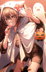 Rule 34 | 1girl, absurdres, blush, brown hair, bucket, candy, cloak, closed eyes, fang, food, genshin impact, ghost, halloween, halloween costume, highres, hu tao (genshin impact), long sleeves, looking at viewer, nail polish, open mouth, pumpkin, red eyes, shorts, smile, sonyj6914, symbol-shaped pupils, twintails