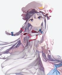 Rule 34 | 1girl, :o, bad id, bad pixiv id, blue bow, bow, breasts, capelet, crescent, dress, grey background, hair bow, happiness lilys, hat, highres, long hair, looking at viewer, medium breasts, mob cap, patchouli knowledge, pink capelet, pink hat, purple eyes, purple hair, red bow, simple background, sitting, solo, striped clothes, striped dress, touhou, very long hair, wing collar