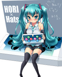 Rule 34 | 1girl, aqua eyes, aqua hair, bad id, bad pixiv id, blush, controller, detached sleeves, game controller, hatsune miku, highres, imazon, long hair, necktie, project diva (series), sitting, skirt, solo, thighhighs, twintails, very long hair, vocaloid