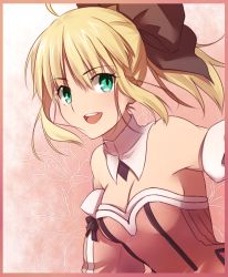 Rule 34 | 1girl, ahoge, artoria pendragon (fate), bare shoulders, blonde hair, bow, breasts, capcom, cleavage, detached collar, detached sleeves, fate/stay night, fate/unlimited codes, fate (series), green eyes, hair bow, long hair, open mouth, ponytail, saber (fate), saber lily, sidelocks, smile, solo, tusia