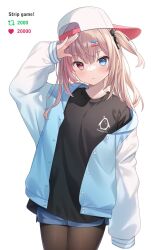 Rule 34 | 1girl, arm up, arrow (symbol), backwards hat, black bow, black shirt, blue eyes, blue jacket, blue shorts, blush, bow, breasts, brown hair, brown pantyhose, closed mouth, commentary, english commentary, english text, hair bow, hair ornament, hairclip, hat, heart, heterochromia, highres, hitsukuya, jacket, long hair, long sleeves, looking at viewer, meme, multicolored hair, off shoulder, one side up, open clothes, open jacket, original, pantyhose, pantyhose under shorts, pink hair, puffy long sleeves, puffy sleeves, red eyes, shirt, short shorts, shorts, simple background, sleeves past wrists, small breasts, solo, streaked hair, twitter strip game (meme), white background, white hat