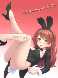 Rule 34 | 1girl, 2023, animal ears, bare legs, black bow, black bowtie, black footwear, black jacket, black leotard, bow, bowtie, breasts, brown hair, chinese zodiac, commentary request, detached collar, gradient background, happy new year, high heels, highres, jacket, leotard, long hair, medium breasts, meow (nekodenki), new year, original, playboy bunny, rabbit ears, rabbit tail, red background, red eyes, solo, strapless, strapless leotard, tail, tailcoat, tuxedo jacket, year of the rabbit