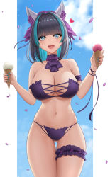 Rule 34 | 1girl, :d, animal ears, aqua eyes, aqua hair, aqua nails, arm cuffs, azur lane, bare shoulders, bikini, black hair, blue sky, blunt bangs, blush, breasts, cheshire (azur lane), cheshire (summery date!) (azur lane), cleavage, cloud, collarbone, commentary request, cowboy shot, day, fang, food, frilled hairband, frills, gluteal fold, hair intakes, hairband, heart, highres, holding, holding food, ice cream, large breasts, long ribbon, looking at viewer, midriff, multicolored hair, nail polish, navel, neck ribbon, open mouth, petals, purple bikini, purple ribbon, ribbon, sidelocks, signature, skindentation, sky, smile, solo, standing, strapless, strapless bikini, streaked hair, swimsuit, teeth, thigh gap, thigh strap, two-tone hair, upper teeth only, wrist ribbon, zaphn