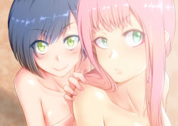 Rule 34 | 10s, 2girls, aqua eyes, bare shoulders, blue hair, blush, breasts, cleavage, closed mouth, collarbone, darling in the franxx, eyes visible through hair, eyeshadow, female focus, frown, green eyes, hand on another&#039;s shoulder, ichigo (darling in the franxx), long hair, looking at viewer, makeup, medium breasts, multiple girls, neck, nude, parted lips, pink hair, short hair, shy, smile, sweatdrop, upper body, wavy mouth, yamauchi (conan-comy), zero two (darling in the franxx)