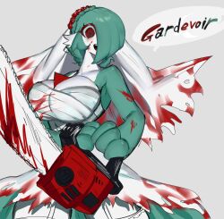 Rule 34 | bandages, blood, blood on clothes, blood on face, breasts, bridal veil, chainsaw, cleavage, creatures (company), dress, flower, game freak, gardevoir, gen 3 pokemon, highres, huge breasts, looking at viewer, nintendo, pokemon, pokemon (creature), red eyes, rose, short hair, togetoge, veil, wedding dress