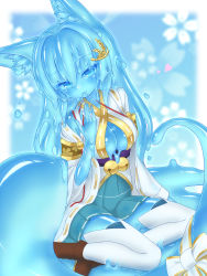 Rule 34 | 1girl, animal ears, bell, blue background, blue eyes, blue hair, blue hakama, blue sclera, blue skin, blue skirt, blush, boots, border, bow, breasts, brown footwear, cleavage, closed mouth, colored sclera, colored skin, curss, fox ears, fox tail, hair ornament, hakama, hakama short skirt, hakama skirt, highres, japanese clothes, jingle bell, large tail, long hair, looking at viewer, medium breasts, monster girl, original, outside border, purple sash, sash, sitting, skirt, slime (substance), slime girl, smile, solo, tail, tail bow, tail ornament, thighhighs, white border, white bow, white thighhighs, yokozuwari